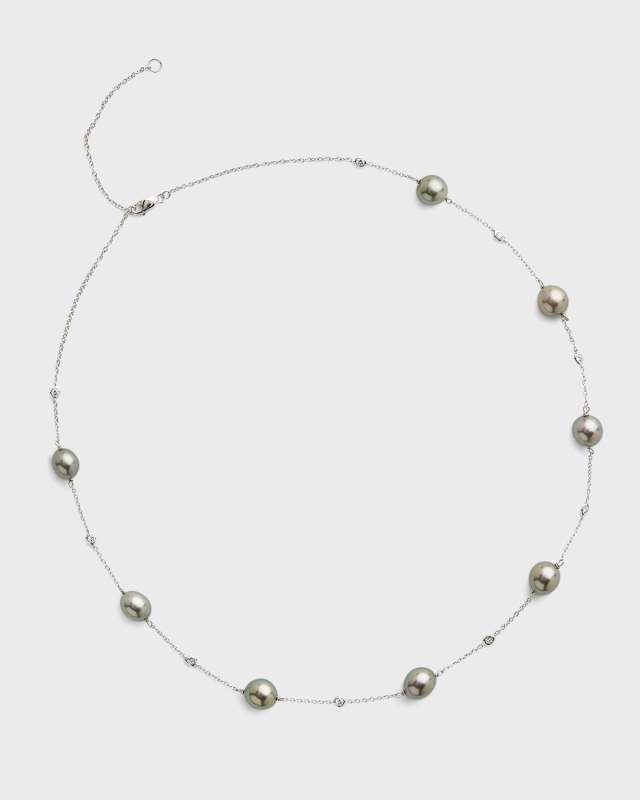 18K White Gold 9mm Gray Tahitian 7-Pearl and Diamond Necklace, 17.5"L